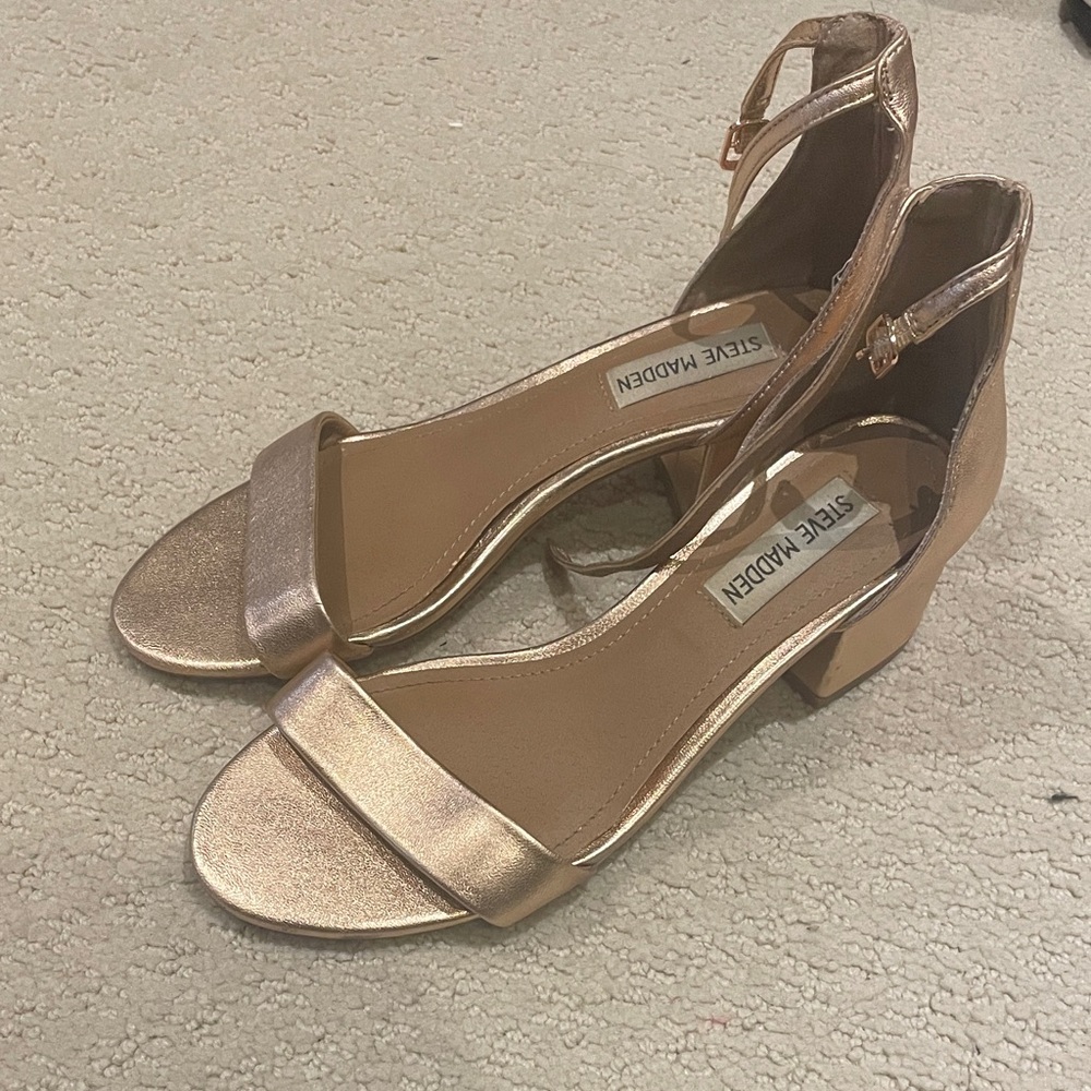 Steve Madden Renee Women's Metallic Gold Leather Open Toe Block Heels 👵MT